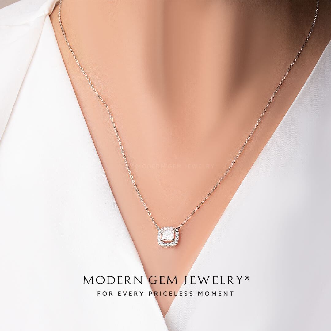 Diamond Station Necklace on model in 18K White Gold | Modern Gem Jewelry