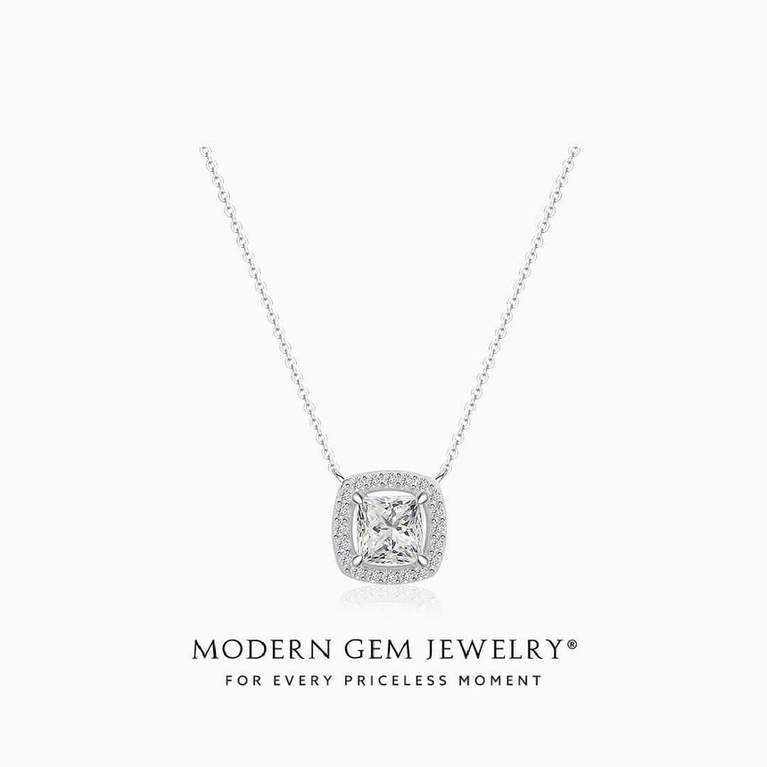 Princess Cut Diamond Necklace with halo set in 18K White Gold | Modern Gem Jewelry