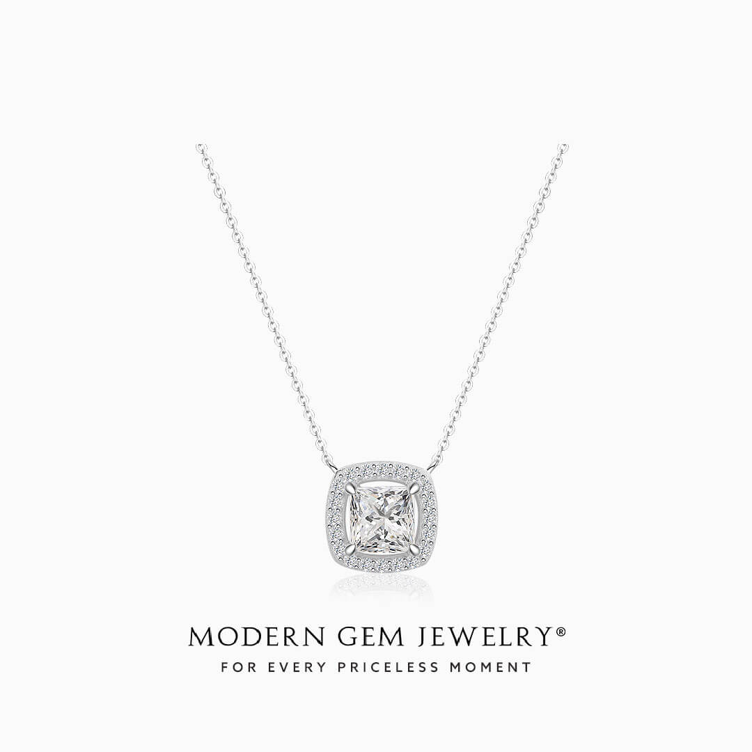 Princess Cut Diamond Necklace with halo set in 18K White Gold | Modern Gem Jewelry