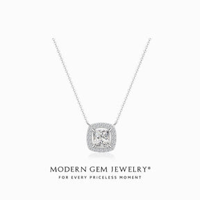 Princess Cut Diamond Necklace with halo set in 18K White Gold | Modern Gem Jewelry