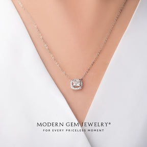 Halo Diamond Station Necklace on Neck | Modern Gem Jewelry