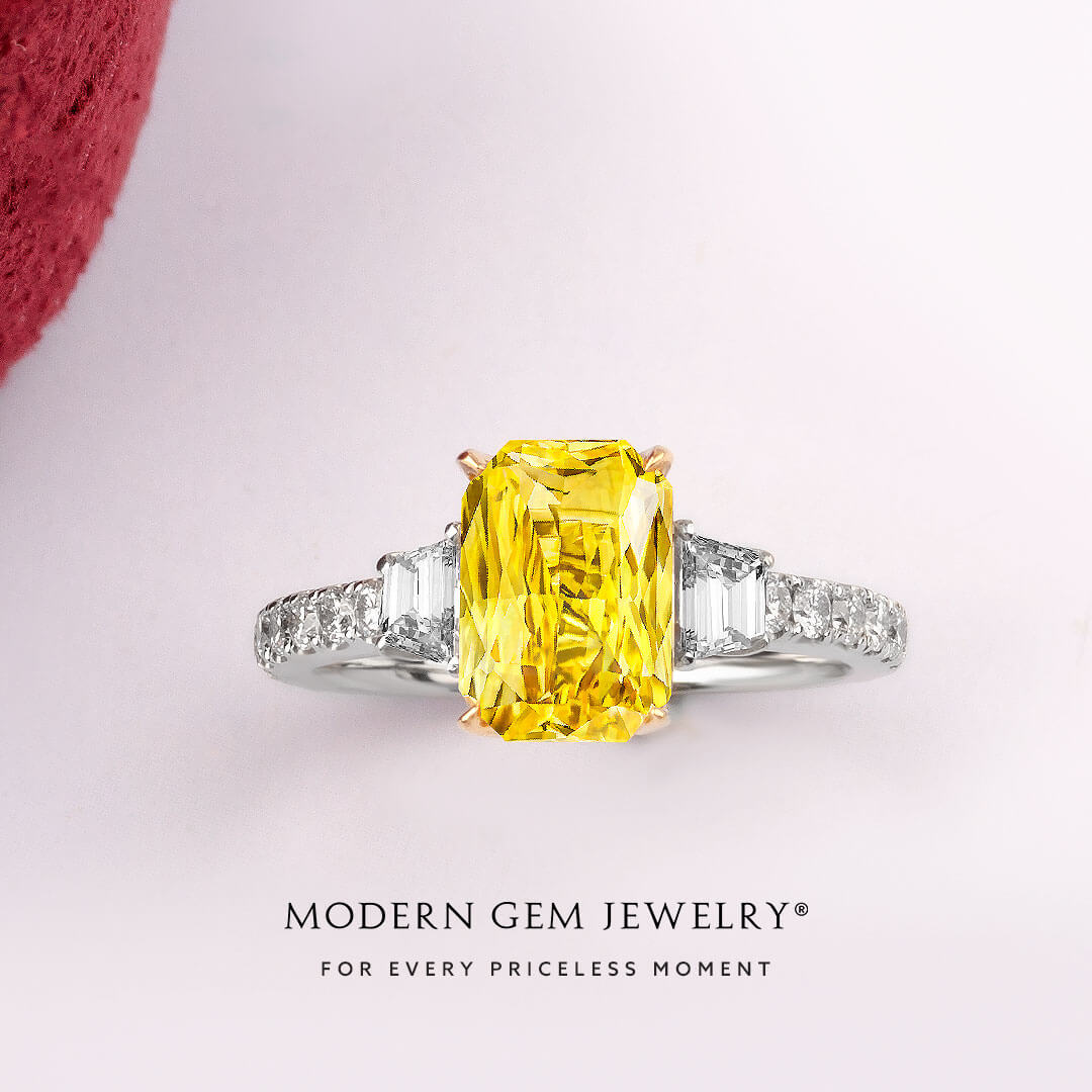 Elegant Three Stone Fancy Yellow Sapphire Ring with Diamonds | Modern Gem Jewelry | Saratti
