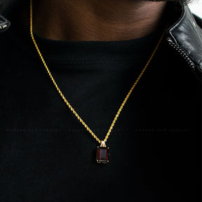 Male Model wears the Crimson Knight Garnet Necklace in Gold | Saratti 