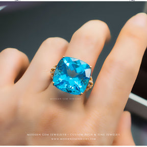 Blue Topaz and Diamond Cluster Ring in 18K Rose Gold | Custom Topaz Engagement Ring | Modern Gem Jewelry | Saratti