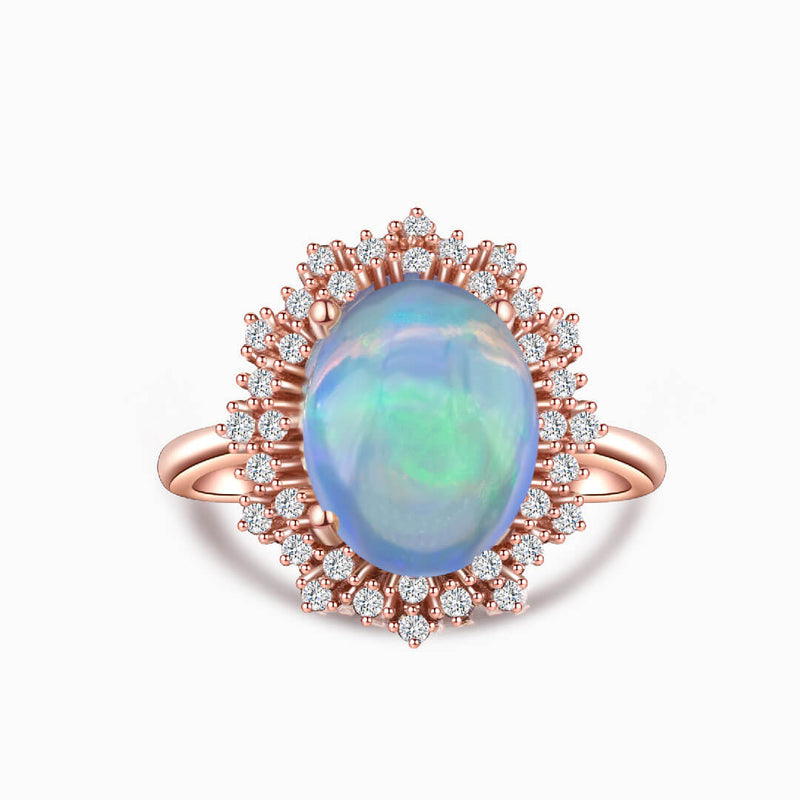 Rose Gold Three Carat Opal Ring with Diamond Halo | Saratti
