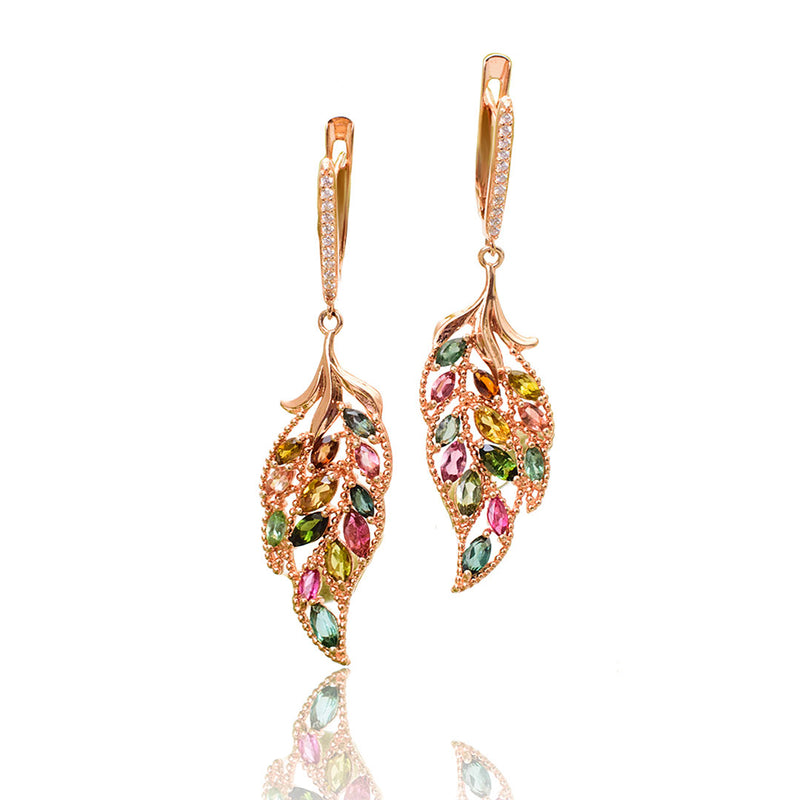 Art Nouveau Inspired Leaf Multicolored Tourmaline Earrings | Saratti