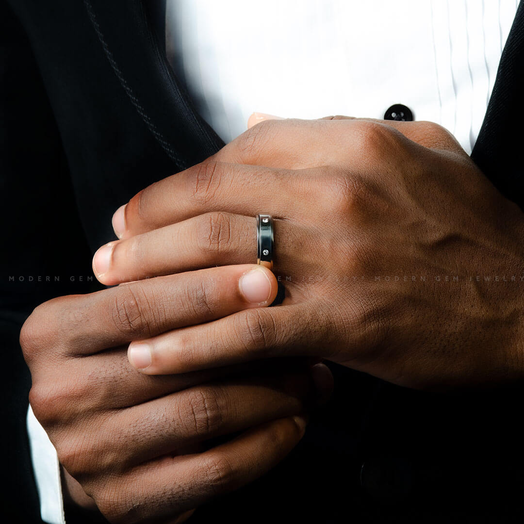 6mm Mens Wedding Band with Diamonds in White Gold | Modern Gem Jewelry | Saratti