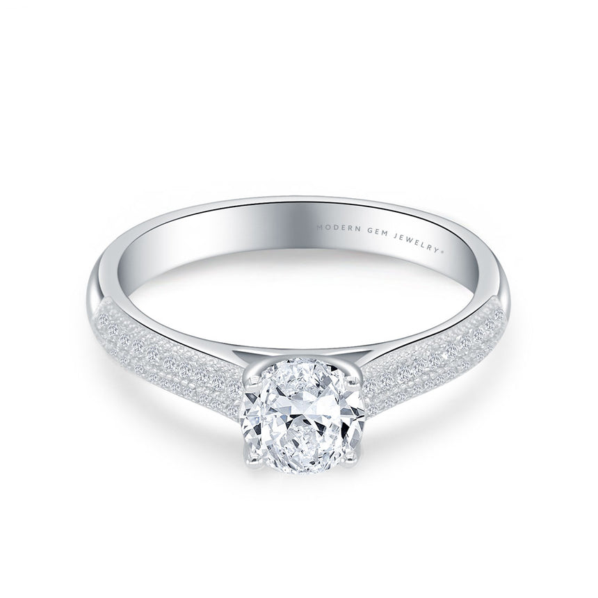 18K White Gold Oval Diamond Engagement Ring with diamond pave 