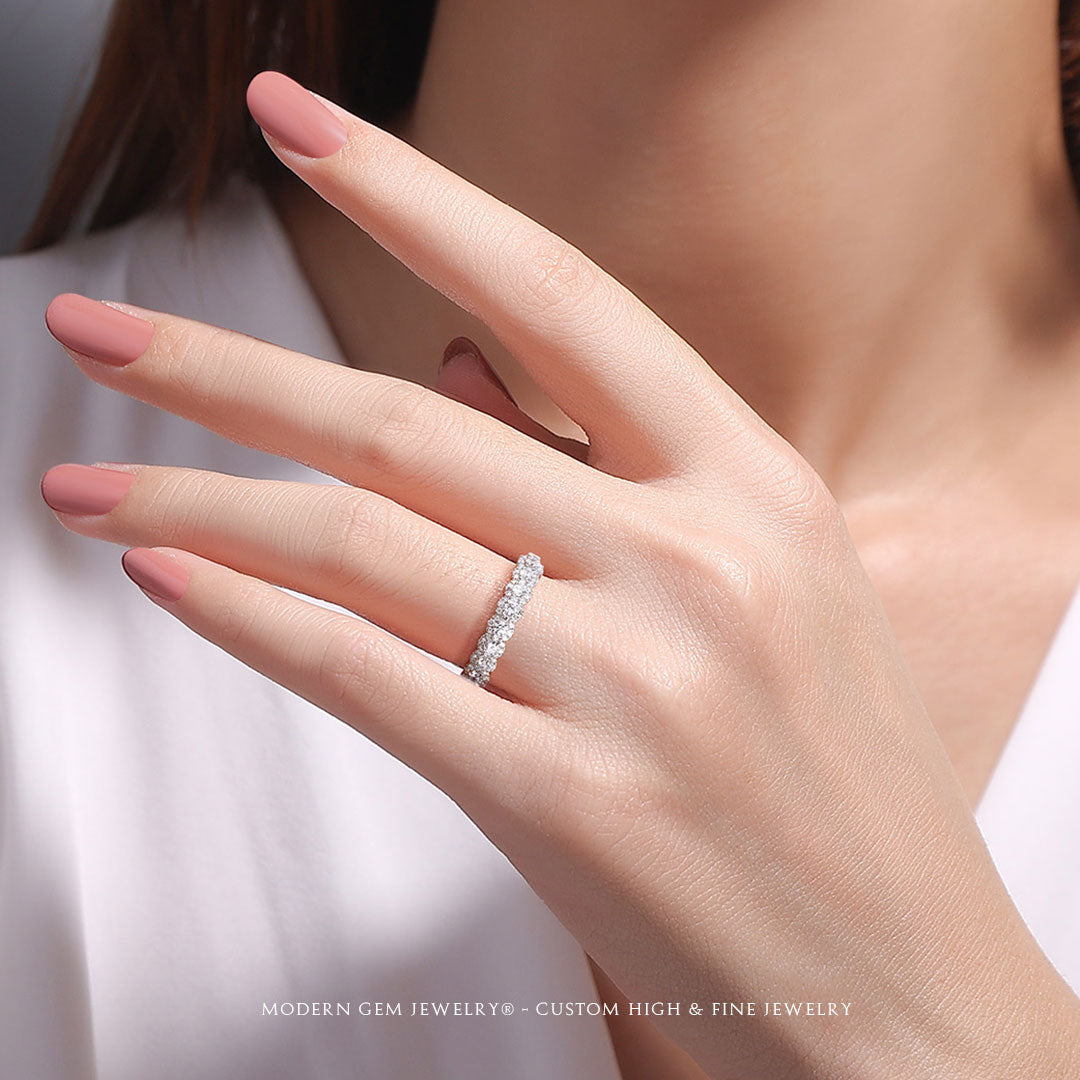 Round Diamond Band with Diamonds in White Gold  Custom Made on Female Finger | Modern Gem Jewelry | Saratti 
