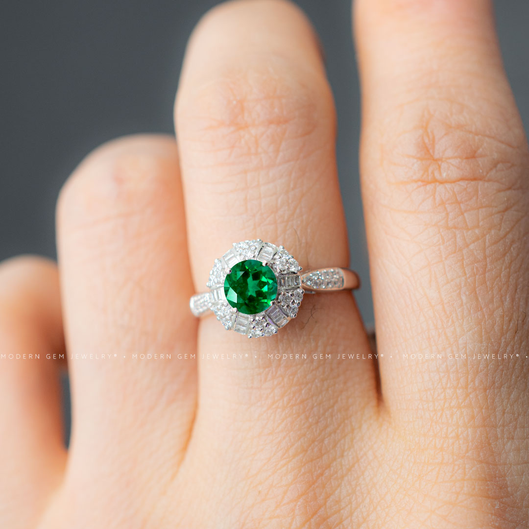 Emerald Birthstone Ring with Diamonds in White Gold on finger  | Modern Gem Jewelry
