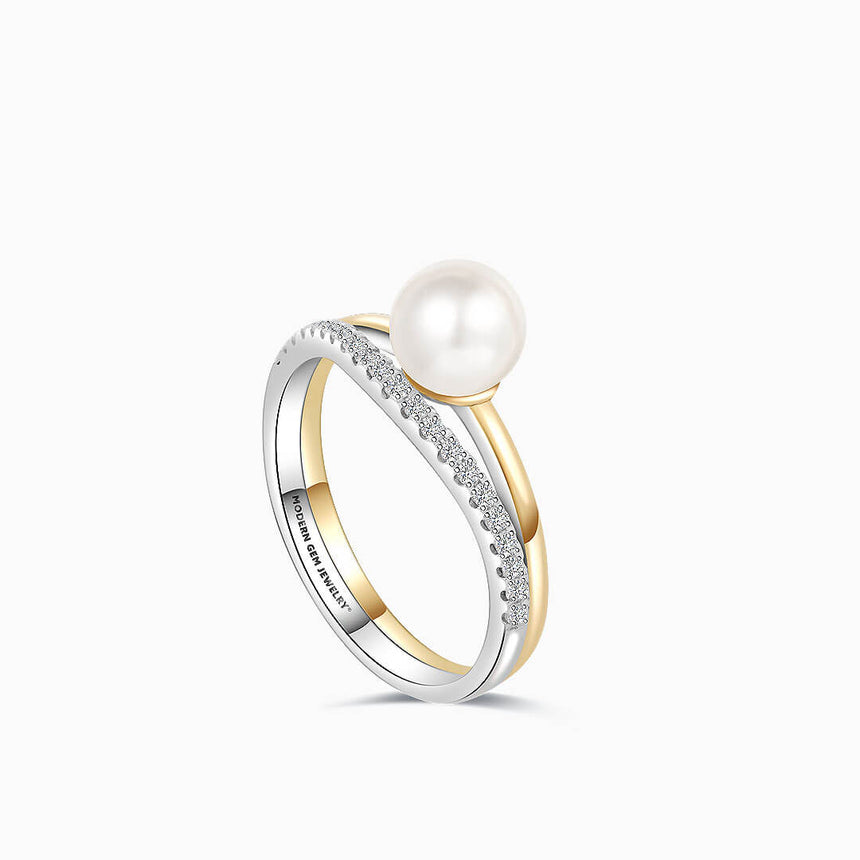 Tiffany Pearl Ring Inspired in Two Tone 18K White and Yellow Gold Split Shank Ring | Modern Gem Jewelry