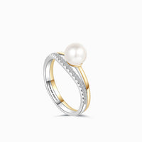 Split Shank Akoya Pearl and Diamonds Two Tone Ring