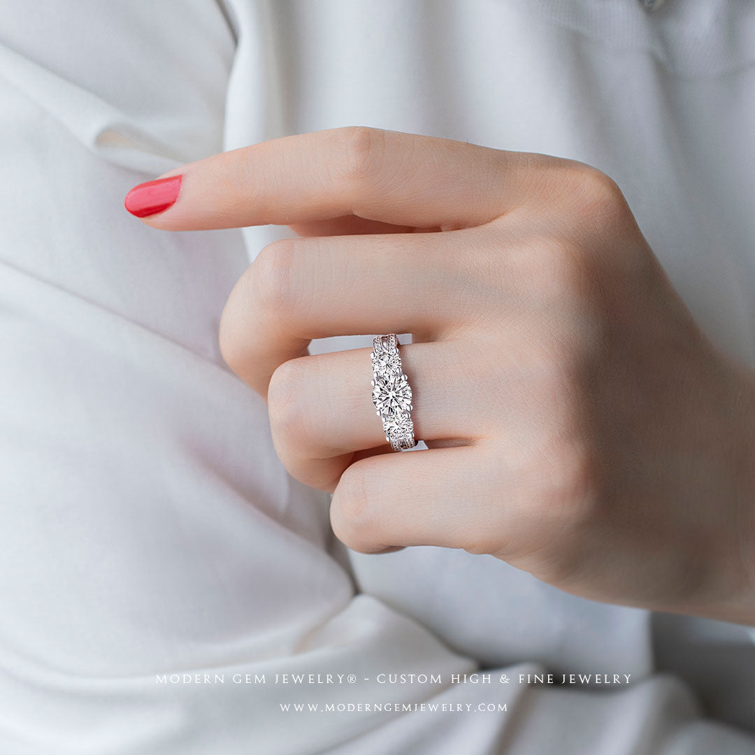 Moissanite Vintage Engagement Rings Three Stone Moissanite Ring with Split Shank Design | Modern Gem Jewelry