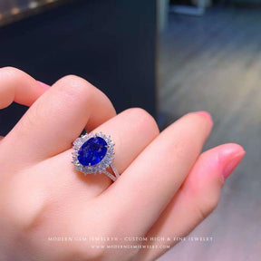 Split Shank Royal Blue Sapphire White Gold Ring on Hand - Modern Gem Rings Split shank Royal Blue Natural sapphire ring - Modern Gem Jewelry