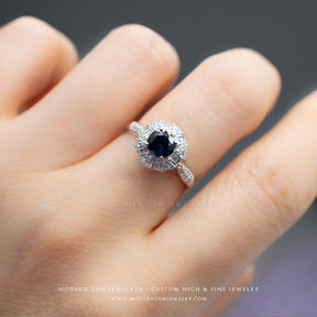 Timeless Antique Inspired Royal Blue Sapphire White Gold Ring | Modern Gem Jewelry | Saratti
