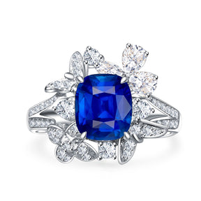 Blue Stone Ring | Cushion Cut Unheated Sapphire and Diamonds in 18K White Gold | Saratti