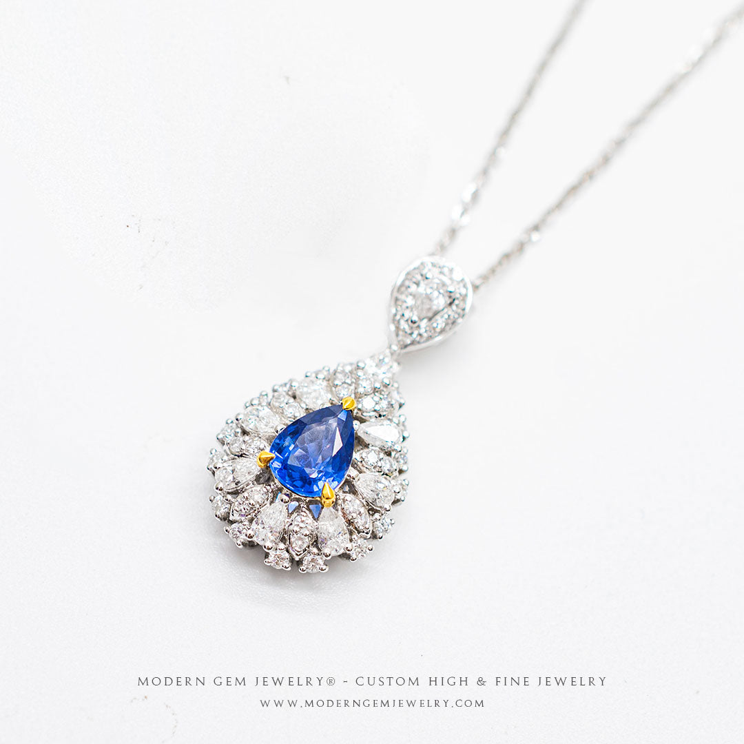 Diamond Encrusted Pear Shaped Blue Sapphire Necklace in White Gold | Saratti