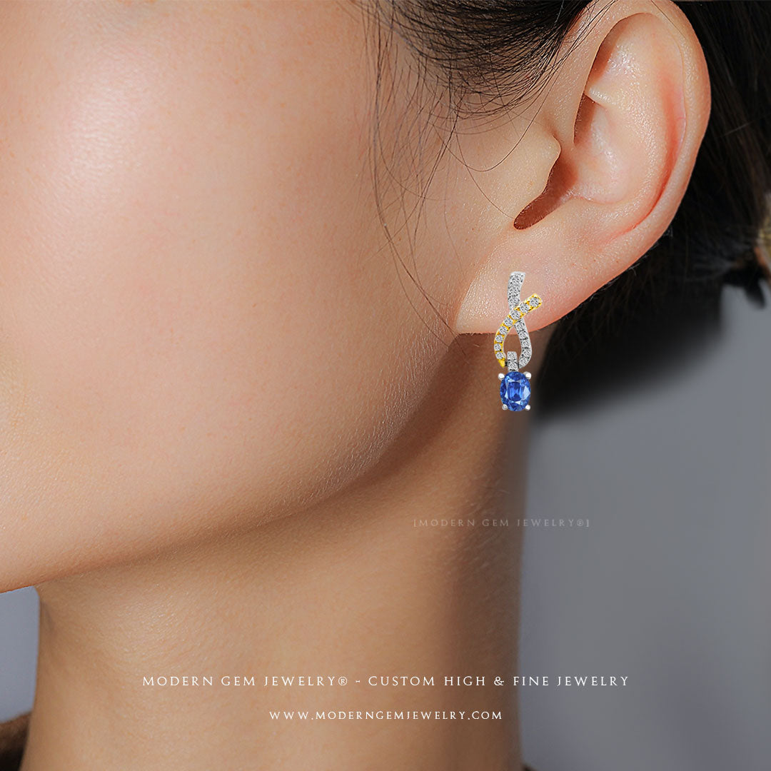 Elegant Sapphire Drop Earrings with Two Tone Gold | Saratti