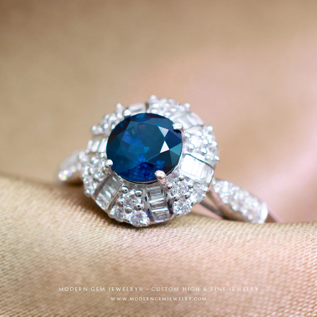 Stunning Antique Inspired Royal Blue Sapphire White Gold Ring | Modern Gem Jewelry | Saratti