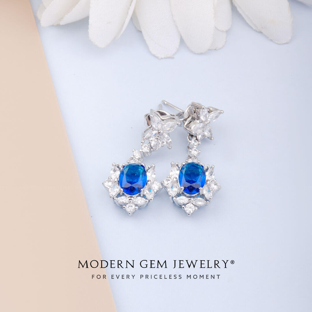 18K White Gold Vintage Earrings with Blue Sapphire and Diamonds | Modern Gem Jewelry | Saratti