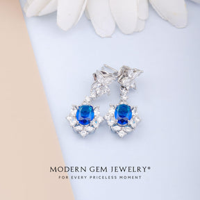 18K White Gold Vintage Earrings with Blue Sapphire and Diamonds | Modern Gem Jewelry | Saratti