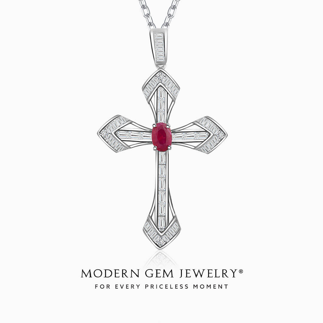 Oval Ruby and Diamond Cross Necklace in 18K White Gold For Women | Modern Gem Jewelry