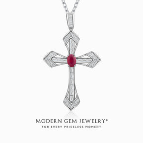 Oval Ruby and Diamond Cross Necklace in 18K White Gold For Women | Modern Gem Jewelry