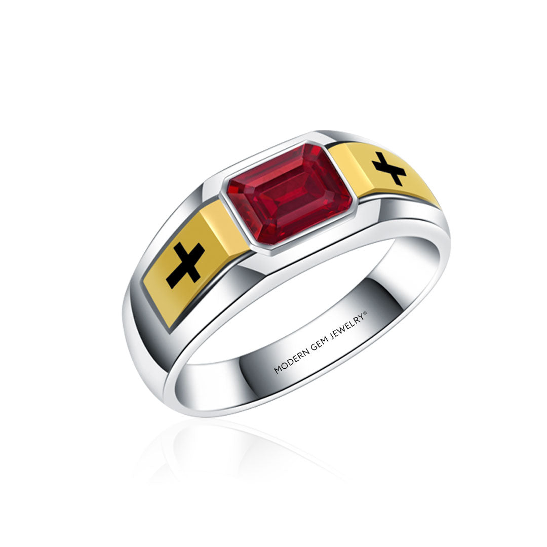 Red Men's Ring in Yellow & White Gold| Custom Engagement Ring | Modern Gem Jewelry | Saratti 