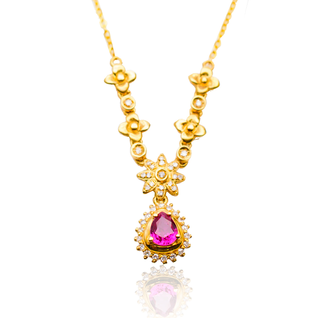 Red Ruby Necklace & Diamonds In 18K Yellow Gold |  Saratti