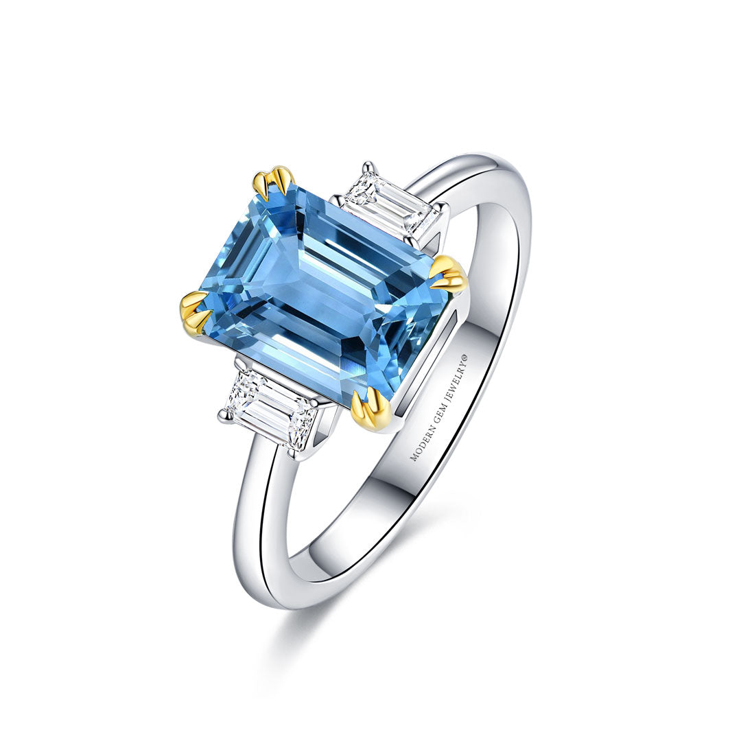 Aquamarine Engagement Ring with Diamonds | 8 carats Santa Maria Aquamarine and Diamond Three Stone Ring | Modern Gem Jewelry Ring  | Saratti