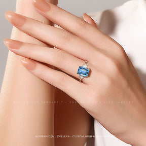 Aquamarine Engagement Ring with Diamonds | 8 carat Santa Maria Aquamarine Three Stone Ring on Female's Finger | Modern Gem Jewelry | Saratti