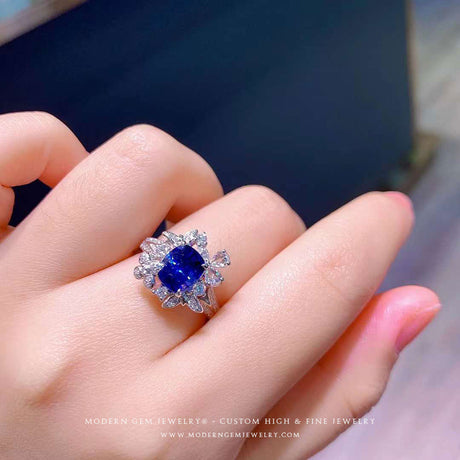 Cushion Cut Unheated Sapphire Ring with Diamond Halo 