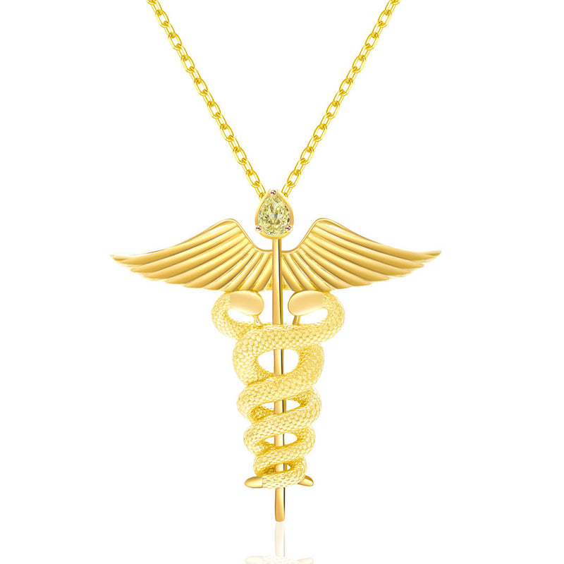 Yellow Gold Caduceus Fancy Yellow Diamond Two Snake Pendant | Saratti