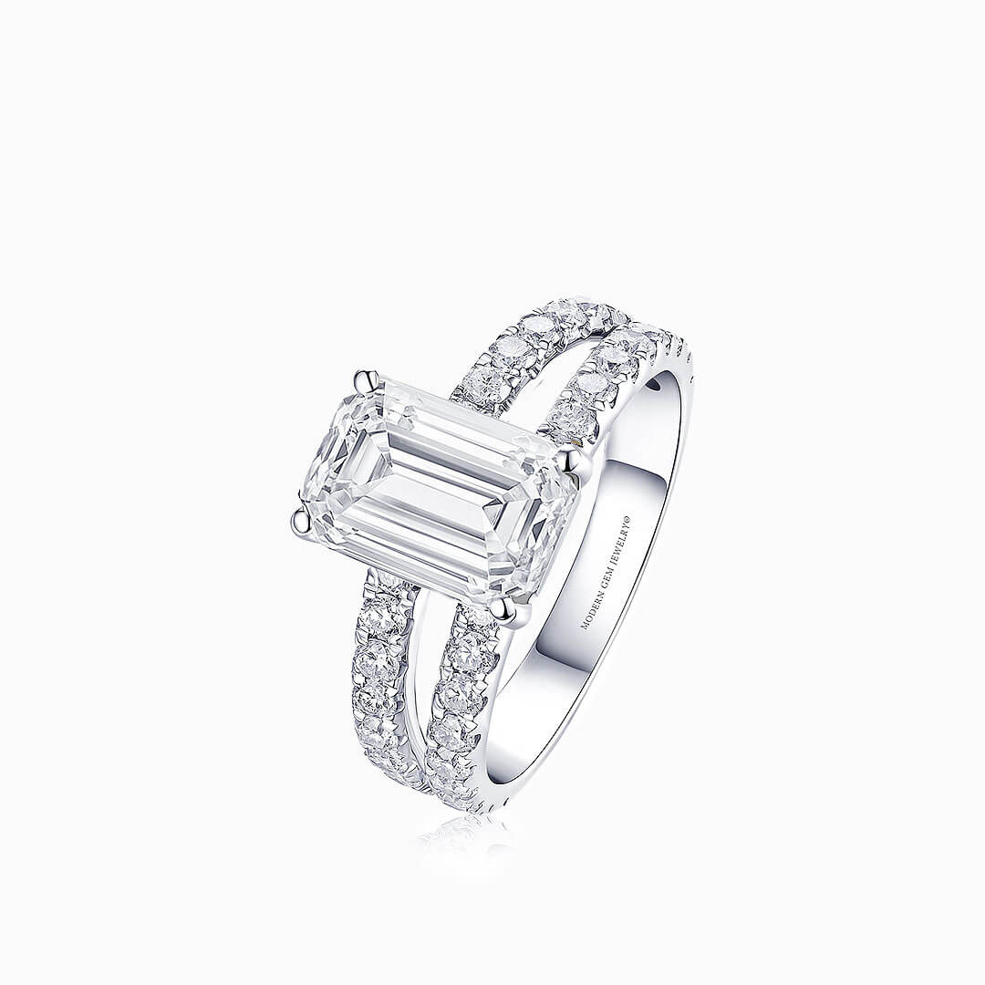 Emerald Cut Moissanite Ring Split Shank Ring | Custom Moissanite Ring | Modern Gem Jewelry