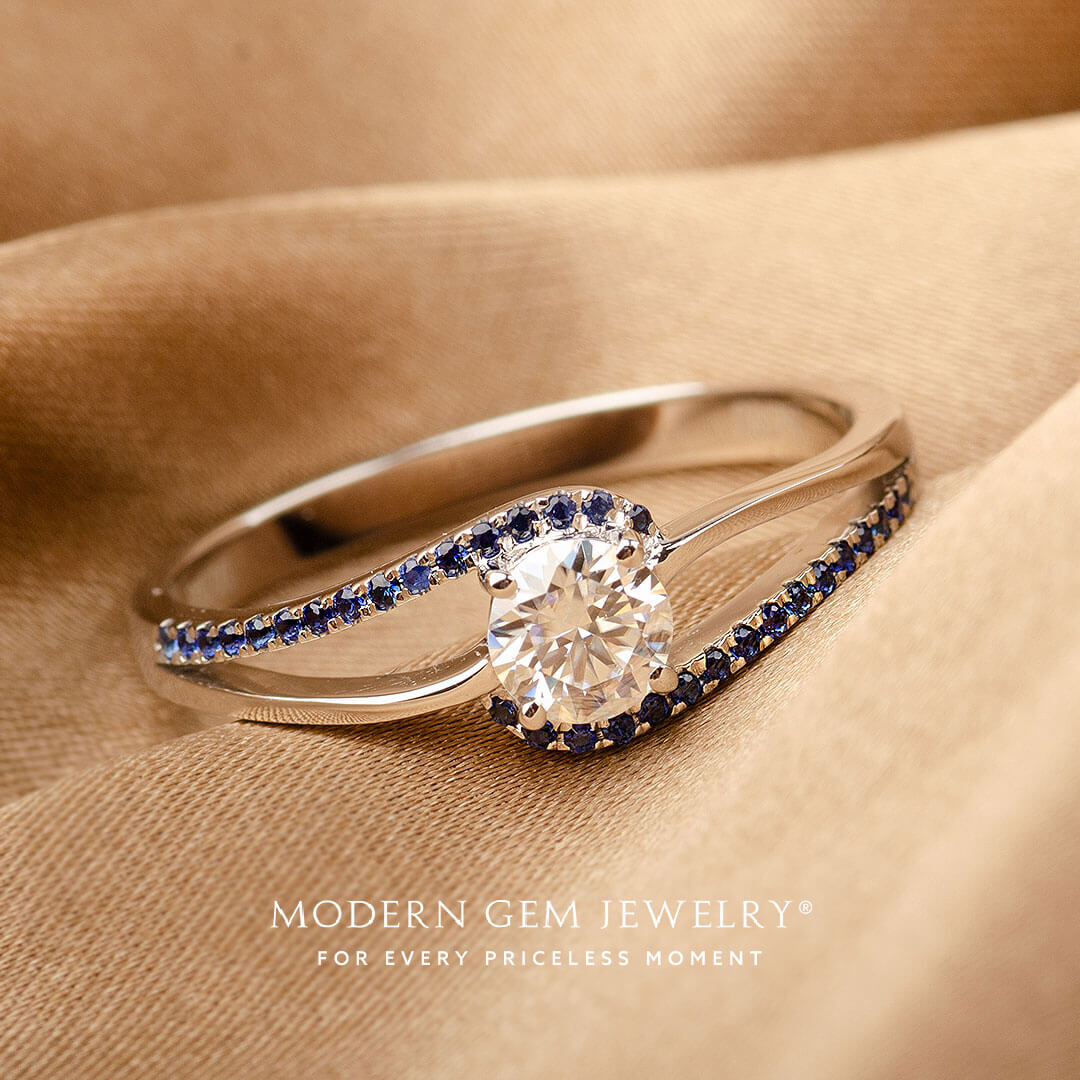 Split Shank Engagement Ring in White Gold with Blue Natural Sapphires in 18K White Gold | Modern Gem Jewelry