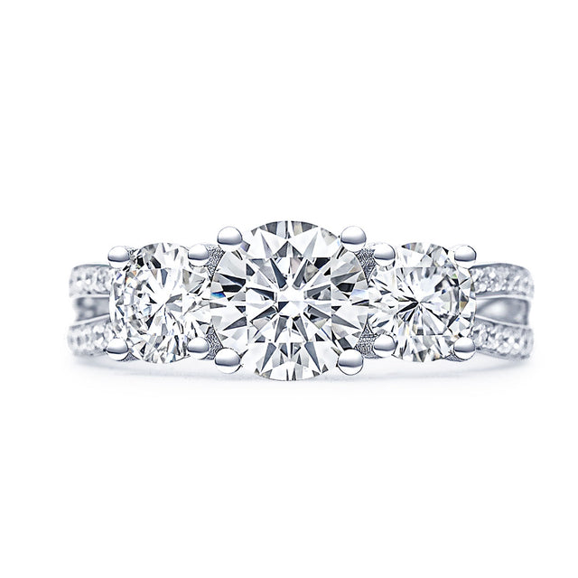 Moissanite Pave Vintage Engagement Ring Three Stone Moissanite Ring with Split Shank Design | Modern Gem Jewelry | Saratti Jewelry