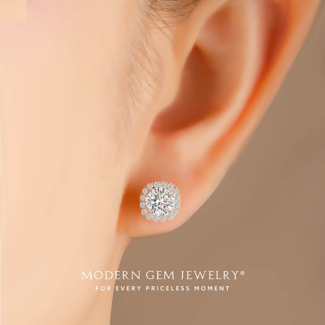 Round Diamond Halo Earrings in Rose Gold | Modern Gem Jewelry