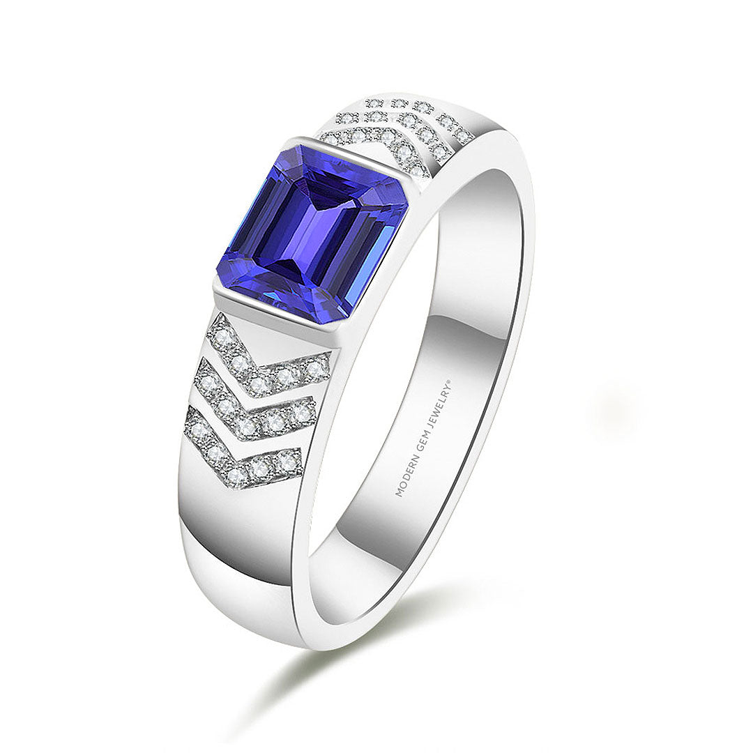 Mens Ring Tanzanite with Diamonds in White Gold | Custom Wedding Ring | Modern Gem Jewelry | Saratti