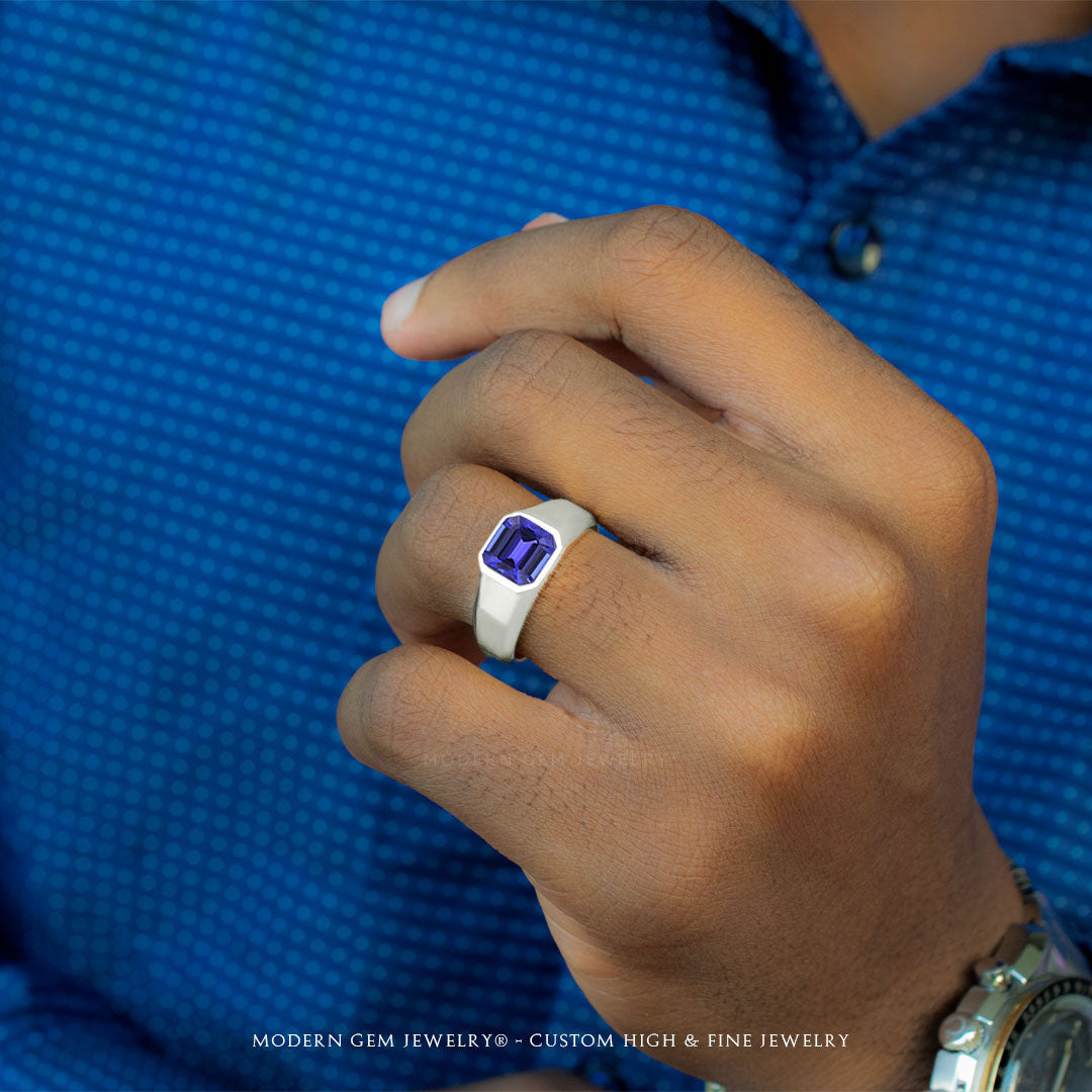 Men's Tanzanite Rings in 18K White Gold Bezel Solitiare | Custom Men Wedding Band | Modern Gem Jewelry | Saratti