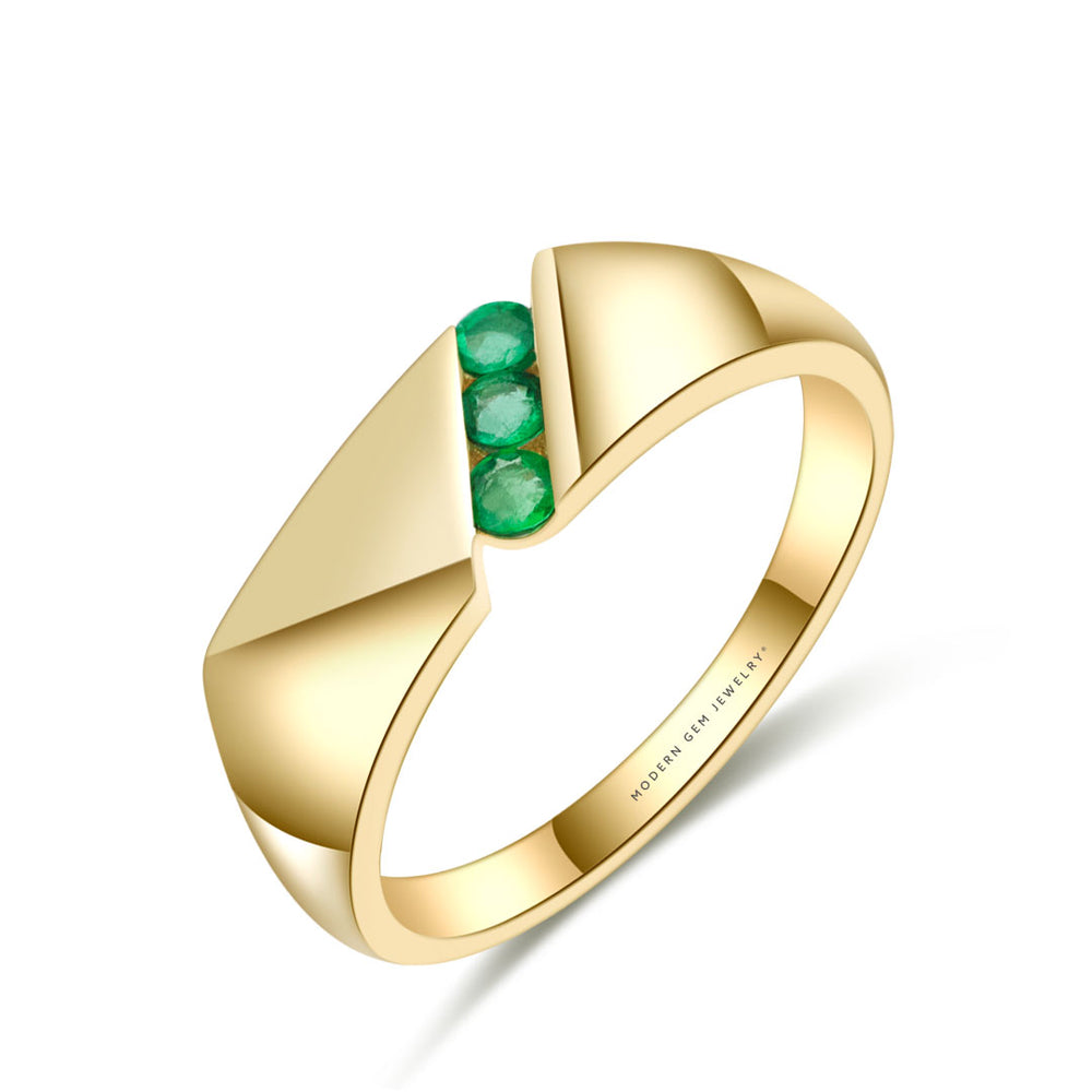 Men's Emerald Rings Channel Set Three Stone In Yellow Gold