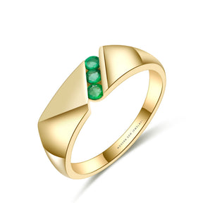 Mens Emerald Rings Channel Set Three Stone In Yellow Gold |Cutom Men Rings | Modern Gem Jewelry | | Saratti 