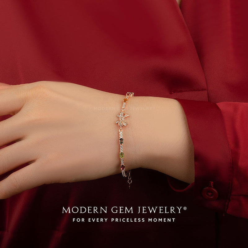Dainty Multicolored Tourmaline Bracelet on Model's Hand | Saratti