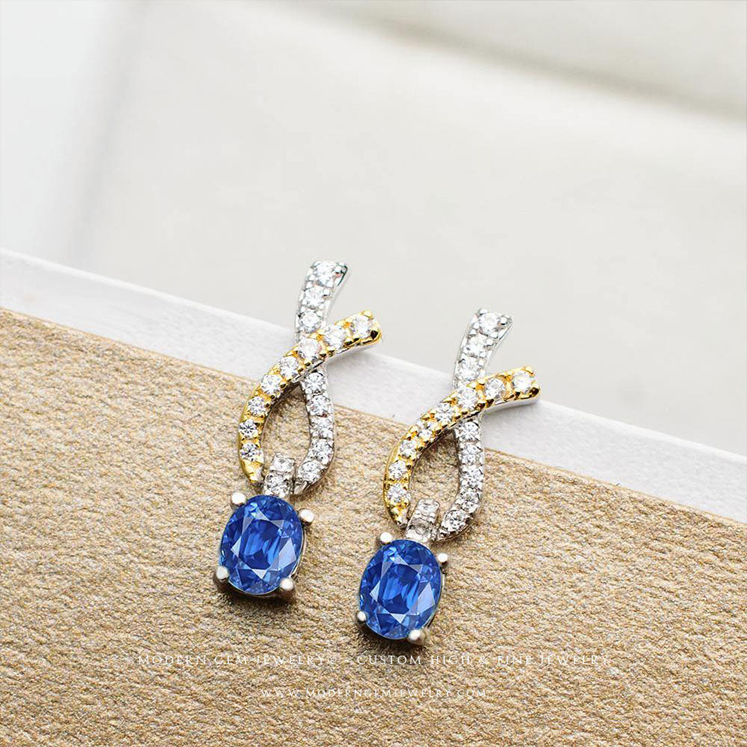 Two Tone Sapphire Drop Earrings in White and Yellow Gold | Saratti