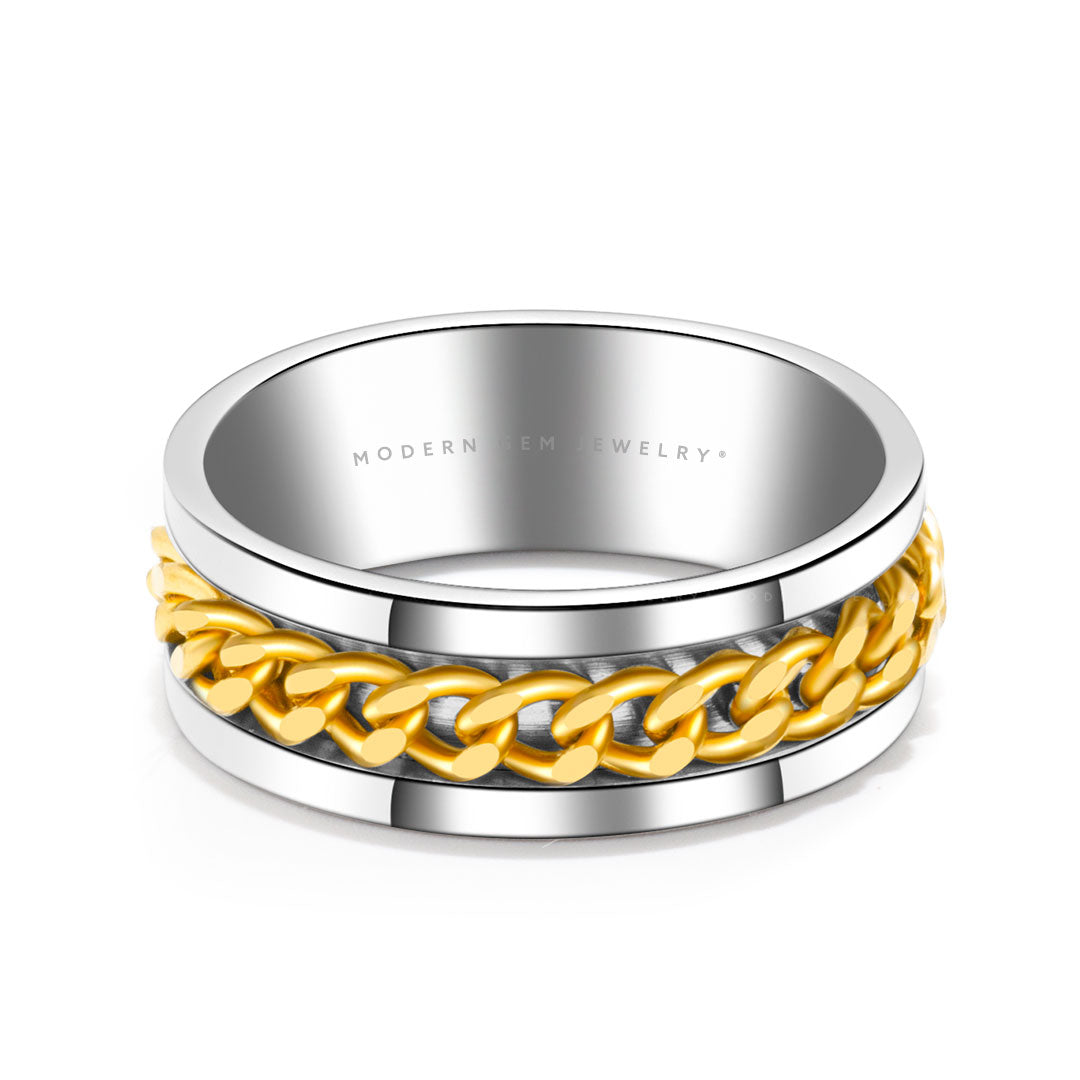 Cuban Link Ring in Yellow and White Gold For Men | Custom Made Wedding Bands | Modern Gem Jewelry | Saratti
