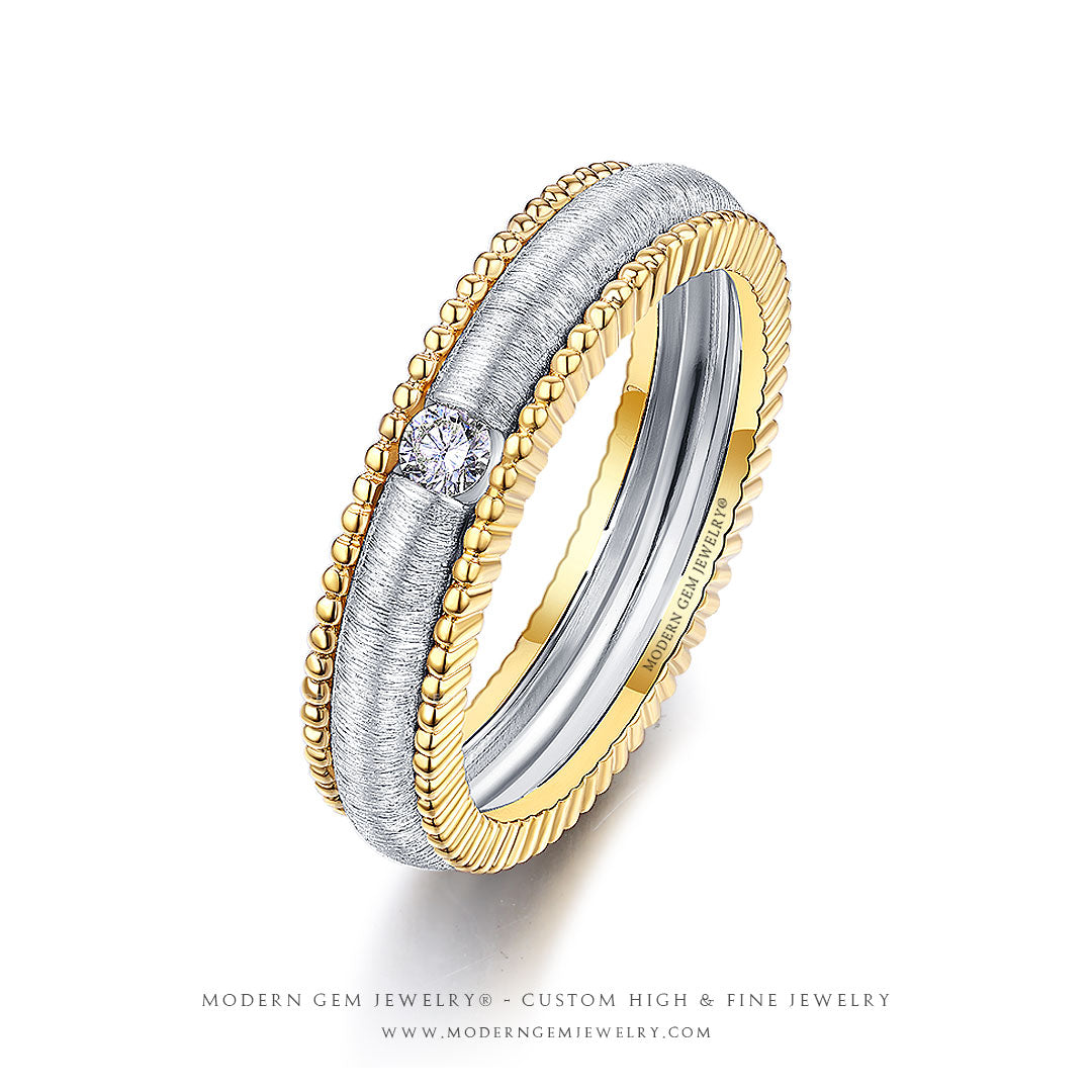 Art Deco  Engraved Wedding Band in Two Tone Design | Modern Gem Jewelry