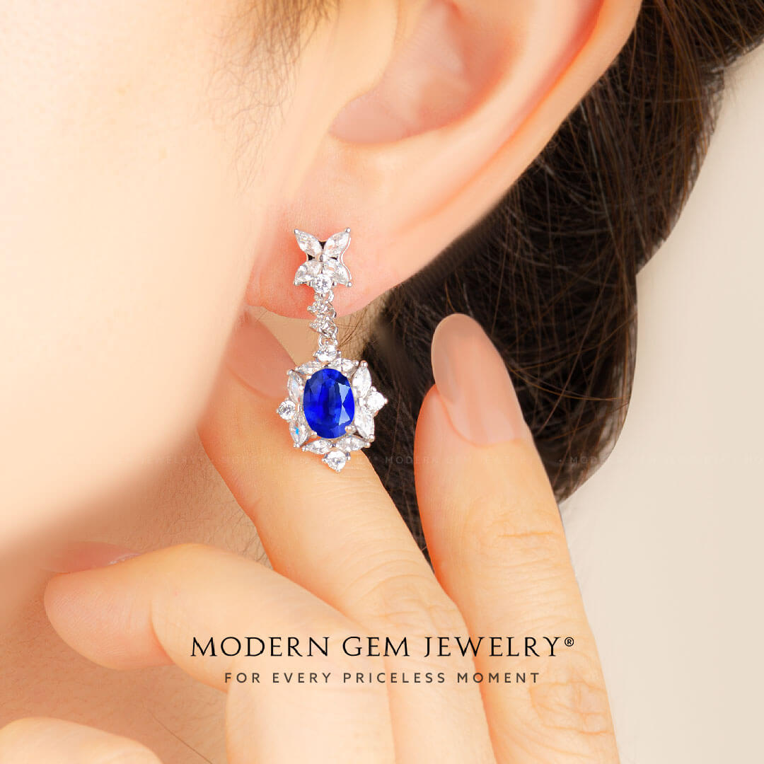 Blue Sapphire and Diamond Vintage Earrings in 18K White Gold | Modern Gem Jewelry | Saratti