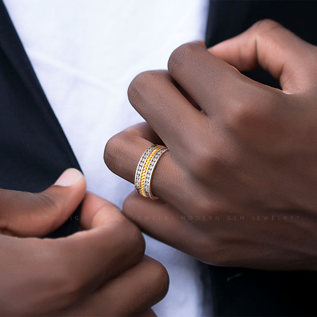 Two Tone Mens Wedding Band Yellow and White Gold | Custom Men Rings | Modern Gem Jewelry | Saratti