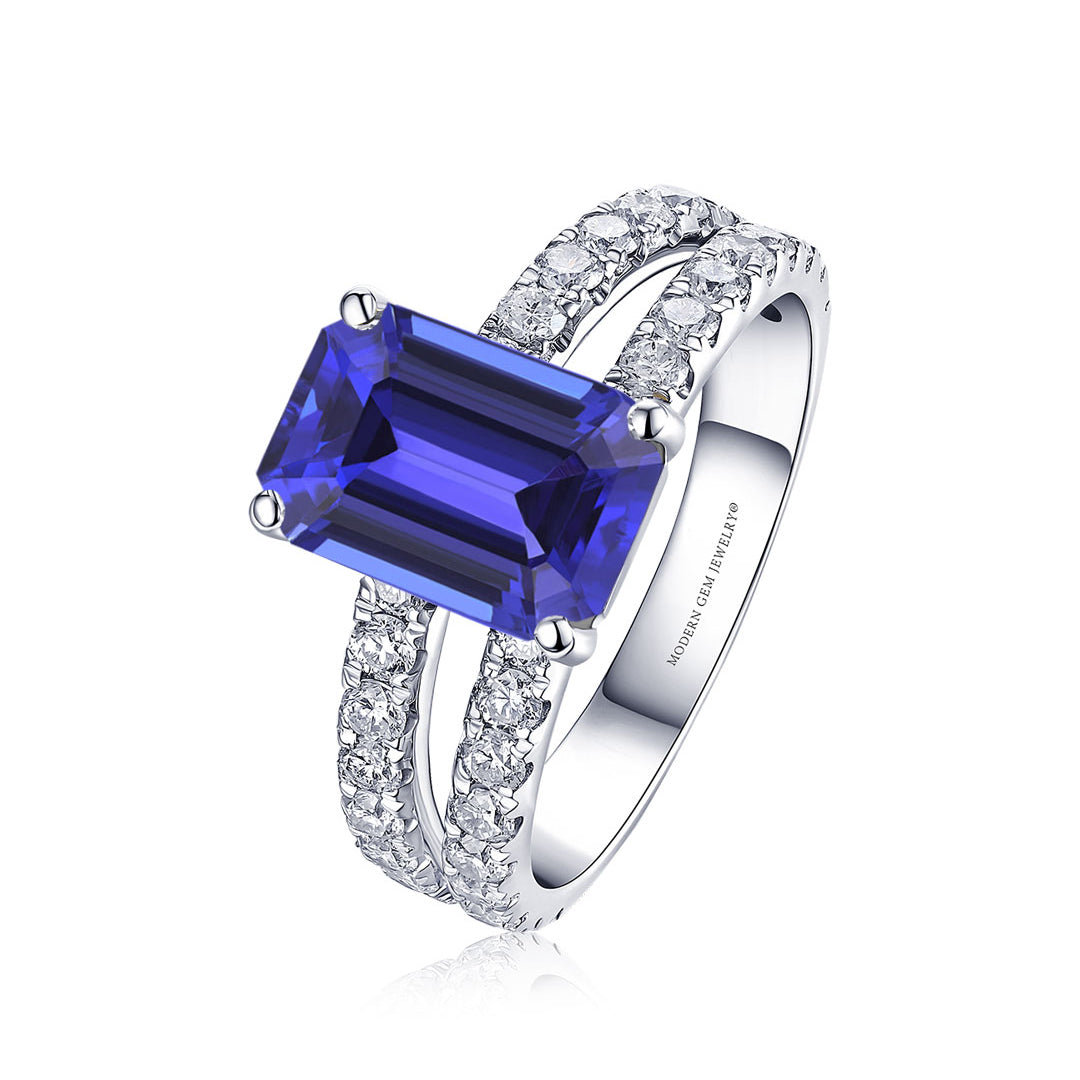 Emerald Cut Tanzanite Ring with Diamonds | 5 carat Heirloom Tanzanite Ring | Modern Gem Jewelry | Saratti