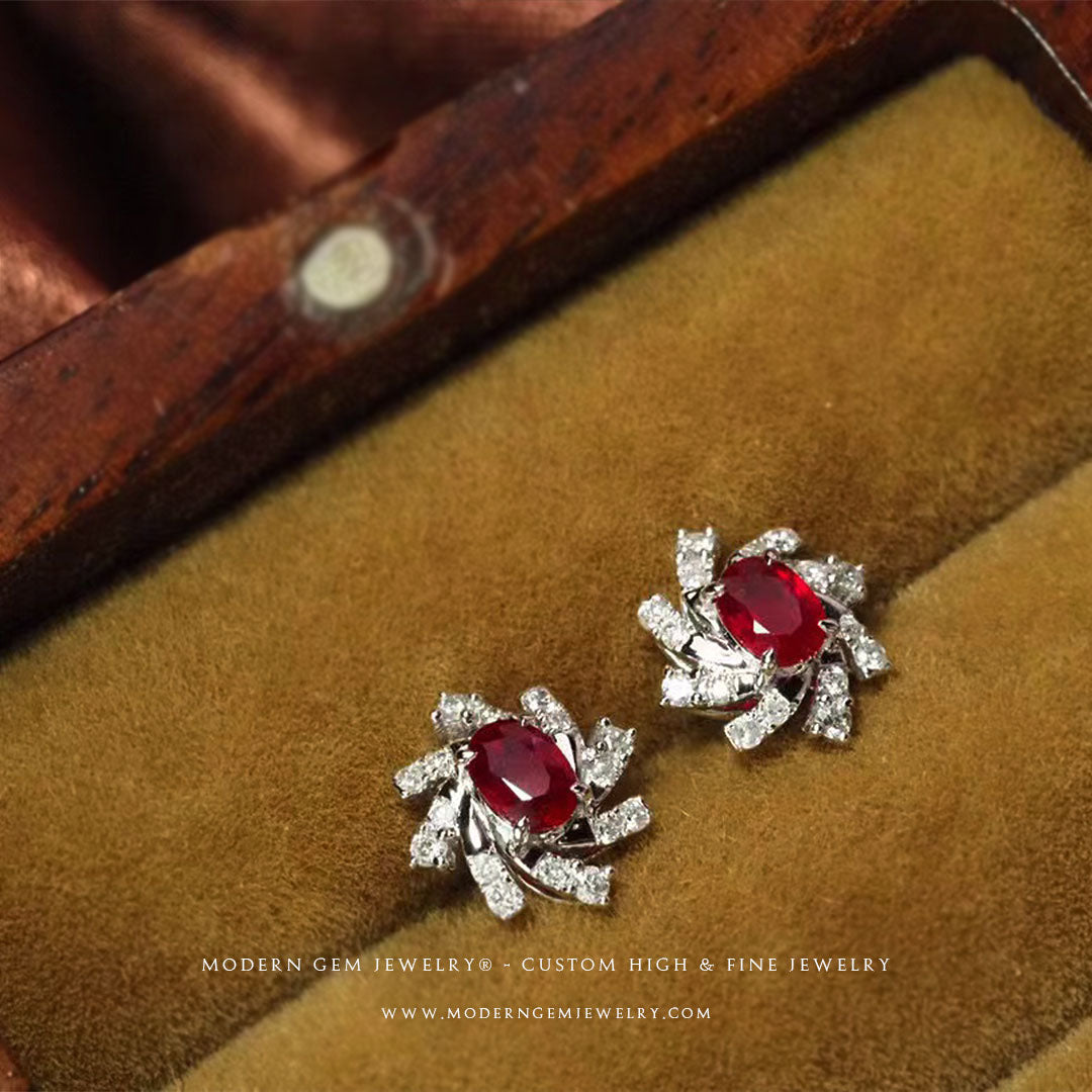 Classic White Gold Ruby and Diamond Vintage Earrings | Saratti
