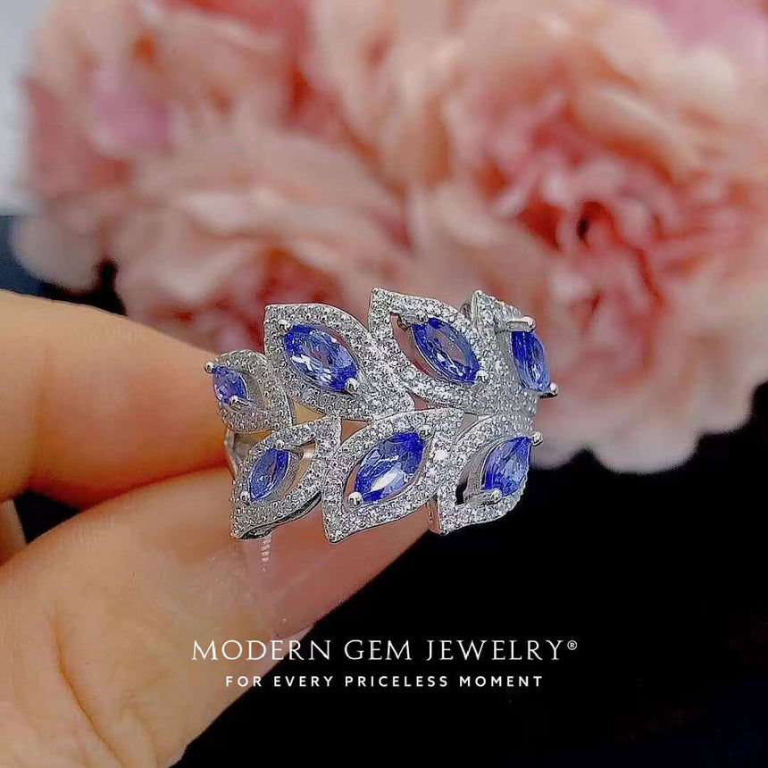 Natural Tanzanite and Diamonds in 18K White Gold on Finger | Modern Gem Jewelry | Saratti